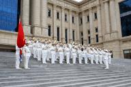 (240420) -- QINGDAO, April 20, 2024 (Xinhua) -- A military band performs at the Chinese People\'s Liberation Army (PLA) Navy Museum to celebrate the 75th founding anniversary of the Chinese PLA Navy in Qingdao, east China\'s Shandong Province, April 20, 2024. (Xinhua\/Li Ziheng) - Li Ziheng -\/\/CHINENOUVELLE_CHINENOUIVELLE0857\/Credit:CHINE NOUVELLE\/SIPA