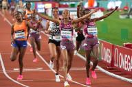 (240427) -- SUZHOU, April 27, 2024 (Xinhua) -- Mekedes Alemeshete (front) of Ethiopia celebrates after the women\'s 5000m final at the Yangtze River Delta Athletics Diamond Gala in Suzhou, east China\'s Jiangsu Province, April 27, 2024. (Xinhua\/Yang Lei) - Yang Lei -\/\/CHINENOUVELLE_CHINE0024\/Credit:CHINE NOUVELLE\/SIPA