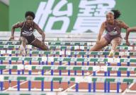 (240427) -- SUZHOU, April 27, 2024 (Xinhua) -- Jasmine Camacho Quinn (R) of Puerto Rico competes during the women\'s 100m hurdles final at the Yangtze River Delta Athletics Diamond Gala in Suzhou, east China\'s Jiangsu Province, April 27, 2024. (Xinhua\/Yang Lei) - Yang Lei -\/\/CHINENOUVELLE_CHINE0053\/Credit:CHINE NOUVELLE\/SIPA