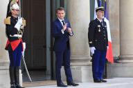 France\'s President Emmanuel Macron greets as he arrives to welcome Estonia\'s Prime Minister Kaja Kallas for a meeting at the Elysee Palace in Paris, FRANCE - 03\/05\/2024.\/\/JEE_pmesto.12\/Credit:J.E.E\/SIPA