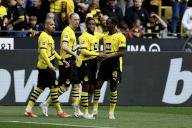 (240505) -- DORTMUND, May 5, 2024 (Xinhua) -- Youssoufa Moukoko (2nd R) of Borussia Dortmund celebrates scoring with his teammates during the first division of Bundesliga football match between Borussia Dortmund and FC Augsburg in Dortmund, Germany, May 4, 2024. (Photo by Joachim Bywaletz\/Xinhua) - Joachim Bywaletz -\/\/CHINENOUVELLE_CHINE0466\/Credit:CHINE NOUVELLE\/SIPA