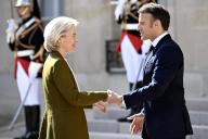 France\'s President Emmanuel Macron greets European Commission President Ursula von der Leyen prior to the arrival of the Chinese President at The Elysee Presidential Palace in Paris on May 6, 2024\/\/ACCORSINIJEANNE_accorsini.0089\/Credit:Jeanne Accosini\/SIPA