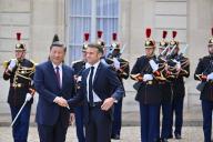 Xi Jinping and Emmanuel Macron. French President Emmanuel Macron welcomes Chinese President Xi Jinping at Elysee Presidential Palace in Paris on May 6, 2024\/\/01JACQUESWITT_choix002\/Credit:Jacques Witt\/SIPA