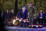 Israeli Prime Minister Benjamin Netanyahu attends a wreath-laying ceremony marking Holocaust Remembrance Day in the Hall of Remembrance at Yad Vashem, the World Holocaust Remembrance Centre, in Jerusalem, May 6, 2024. \/\/POOLISR_11340004\/Credit:AMIR COHEN-POOL\/SIPA