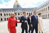 Brigitte Macron and her husband French President Emmanuel Macron, Chinese President Xi Jinping and his wife Peng Liyuan, attend the official welcoming ceremony, as part of the Chinese President\'s two-day state visit, at The Invalides in Paris on May 6, 2024.\/\/01JACQUESWITT_witt0009\/Credit:Jacques Witt\/SIPA