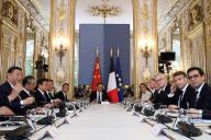 French President Emmanuel Macron, and China\'s President Xi Jinping during a working session at the Elysee Palace, Monday, May 6, 2024 in Paris. China\'s President Xi Jinping is in France for a two-day state visit that is expected to focus both on trade disputes and diplomatic efforts to convince Beijing to use its influence to move Russia toward ending the war in Ukraine.\/\/04SIPA_SIPA0357\/Credit:Stephane Lemouton-Pool\/SIPA