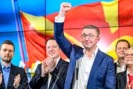 (240509) -- SKOPJE, May 9, 2024 (Xinhua) -- Hristijan Mickoski (3rd L), the leader of the opposition VMRO-DPMNE party, celebrates the election results with supporters in Skopje, North Macedonia, May 8, 2024. North Macedonia\'s major opposition party VMRO-DPMNE won both parliamentary and presidential elections on Wednesday, according to preliminary turnouts. (Photo by Tomislav Georgiev\/Xinhua) - Tomislav Georgiev -\/\/CHINENOUVELLE_chinenouvelle0027\/Credit:CHINE NOUVELLE\/SIPA