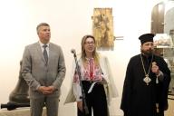 KYIV, UKRAINE - MAY 9, 2024 - Temporary Acting Minister of Culture and Information Policy of Ukraine Rostyslav Karandieiev (L) and head of the Kyiv-Pechersk Lavra, archimandrite Avraamii (Mykhailo Lotysh) attend the opening of the Icons on Ammo Boxes exhibition in the Great Lavra Bell Tower of the Kyiv-Pechersk Lavra, Kyiv, capital of Ukraine. //UKRINFORMAGENCY_UKRINFORM1576/Credit:Yuliia Ovsiannikova/SIPA
