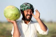 (240512) -- BAGHDAD, May 12, 2024 (Xinhua) -- A farmer holds a newly-harvest watermelon at a farm in al-Udheim area, north of Baghdad, Iraq, on May 10, 2024. (Xinhua\/Khalil Dawood) - Khalil Dawood -\/\/CHINENOUVELLE_CHINE0420\/Credit:CHINE NOUVELLE\/SIPA