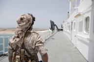 (240513) -- HODEIDAH, May 13, 2024 (Xinhua) -- A Houthi group member stands on the deck of the Galaxy Leader near the port city of Hodeidah in western Yemen, May 12, 2024. A delegation from the International Committee of the Red Cross (ICRC) visited on Sunday the Galaxy Leader, a vehicle carrier hijacked by the Houthi group, and met with its crew near the port city of Hodeidah in western Yemen. TO GO WITH "Int