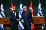 (240513) -- ANKARA, May 13, 2024 (Xinhua) -- Turkish President Recep Tayyip Erdogan (R) shakes hands with Greek Prime Minister Kyriakos Mitsotakis at a joint press conference in Ankara, TÂ¨"rkiye, on May 13, 2024. Erdogan and Mitsotakis on Monday underscored the significance of maintaining the recent positive trajectory in bilateral relations, despite longstanding disputes. (Mustafa Kaya/Handout via Xinhua) - Mustafa Kaya -//CHINENOUVELLE_CnyztpE007011_20240514_PEPFN0A001/Credit:CHINE NOUVELLE/SIPA