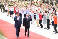 (240516) -- BEIJING, May 16, 2024 (Xinhua) -- Chinese President Xi Jinping holds a welcome ceremony for Russian President Vladimir Putin at the square outside the east gate of the Great Hall of the People, before their talks in Beijing, capital of China, May 16, 2024. Xi held talks with Putin, who is in China on a state visit, at the Great Hall of the People in Beijing on Thursday. (Xinhua/Ju Peng) - Ju Peng -//CHINENOUVELLE_chinenouvelle0077/Credit:CHINE NOUVELLE/SIPA