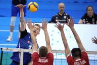 Finland\'s Aaro Nikula in action during the CEV Volleyball Men\'s European Golden League 2024 League Round match between Finland and Croatia in Tampere, Finland, on May 17, 2024. Croatia\'s Filip Sestan and Kruno Nikacevic defend at the net. LEHTIKUVA \/ KALLE PARKKINEN - FINLAND OUT. * Restriction for France customers: it is forbidden to publish on the day of the event-Restriction clients francais : il est interdit de publier le jour meme de l evenement. * \/\/LEHTIKUVA_LKFTVX20240517193602UYIW_SNHT43SWW\/Credit:Kalle Parkkinen\/LEHTIKUVA\/SIPA
