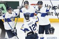 Mikael Granlund (L to R), Jesse PuljujÃ¤rvi, Jere Innala and Oliwer Kaski of Finland celebrate PuljujÃ¤rvi\'s 0-1 goal during the 2024 IIHF Ice Hockey World Championships preliminary round group A match between Finland and Canada in Prague on May 18, 2024. LEHTIKUVA \/ EMMI KORHONEN - FINLAND OUT. * Restriction for France customers: it is forbidden to publish on the day of the event-Restriction clients francais : il est interdit de publier le jour meme de l evenement. * \/\/LEHTIKUVA_LKFTJK20240518172805OOKA_SNIR33CWW\/Credit:Emmi Korhonen\/LEHTIKUVA\/SIPA