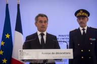 Gerald Darmanin presided over the medal ceremony for police officers, firefighters, and first responders from the Rouen synagogue fire. He awarded Silver Interior Security Medals (MSI) to six firefighters and five police officers, as well as a Gold MSI to the 22-year-old officer who neutralized the attacker. Rouen, France - May 20, 2024.//LETELLIER_1306.01534/Credit:Robin Letellier/SIPA