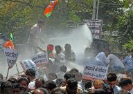 New Delhi, March 26, 2024 (ANI): Water cannons being used to disperse BJP supporters during a protest demanding the resignation of Delhi Chief Minister Arvind Kejriwal who is in ED custody in the Liquor Excise Policy case. in New Delhi on Tuesday. (ANI Photo via Hindustan Times\/Sipa USA\/ Sanjay Sharma