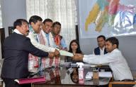 Dibrugarh, March 26, 2024 (ANI): Union Minister Sarbananda Sonowal filed his nomination as the BJP candidate for the Dibrugarh parliamentary constituency in Assam for Lok Sabha elections, in the presence of state CM Himanta Biswa Sarma, Asom Gana Parishad (AGP) President Atul Bora at Dibrugarh DC Court, in Dibrugarh on Tuesday. (ANI Photo via Hindustan Times\/Sipa USA