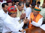 Bikaner, March 27 (ANI): BJP parliamentary candidate from Bikaner, Arjun Ram Meghwal interacts with INC candidate Govind Ram Meghwal during filing their nomination papers for Lok Sabha elections, in Bikaner on Wednesday. (ANI Photo via Hindustan Times\/Sipa USA