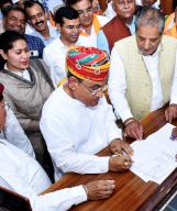 Bikaner, March 27 (ANI): Indian National Congress parliamentary candidate from Bikaner, Govind Ram Meghwal files his nomination papers for the Lok Sabha elections, in Bikaner on Wednesday. (ANI Photo via Hindustan Times\/Sipa USA