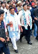 Dibrugarh, March 26, 2024 (ANI): Union Minister Sarbananda Sonowal on his way to file his nomination as the BJP candidate for the Dibrugarh parliamentary constituency in Assam for Lok Sabha elections, in Dibrugarh on Tuesday. Assam CM Himanta Biswa Sarma also seen. (ANI Photo via Hindustan Times\/Sipa USA