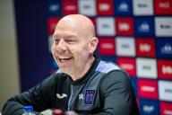 Anderlecht\'s head coach Brian Riemer is seen during a press conference of Belgian first division soccer team RSC Anderlecht, Friday 29 March 2024 in Brussels. On Saturday the team is playing Antwerp in their first game of the Champions\' Play-offs of the Jupiler Pro League Belgian championship. BELGA PHOTO JONAS ROOSENS (Photo by JONAS ROOSENS\/Belga\/Sipa USA