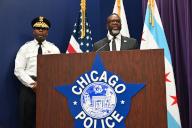 Mayor of Chicago Brandon Johnson (right) delivers remarks as Superintendent of the Chicago Police Department Larry Snelling (left) answers questions on the fatal shooting of Dexter Reed, robberies and other issues concerning the City of Chicago. Chicago Police Department held a news conference to discuss its strategy to address and prevent robberies throughout the City of Chicago in Chicago, Illinois, United States. (Photo by Kyle Mazza / SOPA Images/Sipa USA