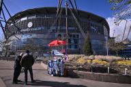Scarfs are seen for sale outside the Etihad Stadium prior to the UEFA Champions League semi final return leg football match between Manchester City and Real Madrid at the Etihad Stadium in Manchester England (Will Palmer\/SPP) (Photo by Will Palmer\/SPP\/Sipa USA