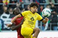 Essevee\'s Modou Tambedou and Lierse\'s Samih El Touile fight for the ball during a soccer match between SV Zulte Waregem and Lierse, Friday 19 April 2024 in Waregem, on day 30 of the 2023-2024 \'Challenger Pro League\' second division of the Belgian championship. BELGA PHOTO KURT DESPLENTER (Photo by KURT DESPLENTER\/Belga\/Sipa USA