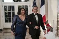 Xavier Becerra, Secretary of Health and Human Services, and Dr. Carolina Reyes arrive to attend a State Dinner in honor of President Emmanuel Macron and Brigitte Macron of France hosted by United States President Joe Biden and first lady Dr. Jill Biden at the White House in Washington, DC on Thursday, December 1, 2022 Credit: Sarah Silbiger \/ Pool\/Sipa