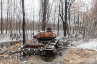 A tank of Russian invaders was destroyed as a result of fierce and heavy fighting near the village Kuhari in the Kyiv region. (Photo by Mykhaylo Palinchak / SOPA Images/Sipa USA
