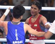 NEW DELHI, INDIA - MARCH 22: Indian boxer Nikhat Zareen (50kg) after win Boxing match with vs Chuthamat Raksat of Thailand during the IBA organised women world boxing championship at IG Stadium in New Delhi, India On Wednesday, March 22, 2023. Photo by Sonu Mehta\/Hindustan Times\/Sipa
