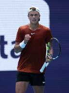 MIAMI GARDENS, FLORIDA - MARCH 28: Holger Rune of Denmark reacts against Taylor Fritz of the United States in their fourth round match at Hard Rock Stadium on March 28, 2023 in Miami Gardens, Florida. (Photo by Alberto E. Tamargo\/Sipa USA