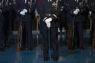 The Air Force Honor Guard stand at ease during the Armed Forces Farewell Tribute for Defense Secretary Chuck Hagel on Joint Base Myer-Henderson Hall in Arlington, Va., Jan. 28, 2015.(Photo by Master Sgt. Adrian Cadiz/DoD) *** Please Use Credit from ...