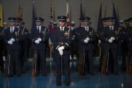 The Air Force Honor Guard stand at ease during the Armed Forces Farewell Tribute for Defense Secretary Chuck Hagel on Joint Base Myer-Henderson Hall in Arlington, Va., Jan. 28, 2015.(Photo by Master Sgt. Adrian Cadiz/DoD) *** Please Use Credit from ...