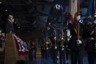 Defense Secretary Chuck Hagel, stands during a pass in review during the Armed Forces Farewell Tribute for Hagel on Joint Base Myer-Henderson Hall in Arlington, Va., Jan. 28, 2015. (Photo by Master Sgt. Adrian Cadiz/DoD) *** Please Use Credit from ...