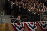 Secretary of Defense Chuck Hagel receives a standing ovation after delivering his farewell address during the Armed Forces Farewell Tribute to Hagel on Joint Base Myer-Henderson Hall in Arlington, Va., Jan. 28, 2015. Obama hosted the event, which ...