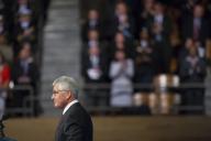 Secretary of Defense Chuck Hagel delivers his farewell address during the Armed Forces Farewell Tribute to Hagel on Joint Base Myer-Henderson Hall in Arlington, Va., Jan. 28, 2015. Obama hosted the event, which included remarks by Biden and Army Gen....