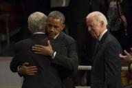 President Barack Obama embraces Secretary of Defense Chuck Hagel as they depart the Armed Forces Farewell Tribute to Hagel on Joint Base Myer-Henderson Hall in Arlington, Va., Jan. 28, 2015. Obama hosted the event, which included remarks by Biden ...