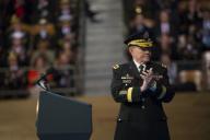 Chairman of the Joint Chiefs of Staff General Martin Dempsey delivers a speech during the Armed Forces Farewell Tribute to Secretary of Defense Chuck Hagel on Joint Base Myer-Henderson Hall in Arlington, Va., Jan. 28, 2015. President Barack Obama ...