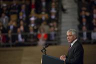 Secretary of Defense Chuck Hagel delivers his farewell address during the Armed Forces Farewell Tribute to Hagel on Joint Base Myer-Henderson Hall in Arlington, Va., Jan. 28, 2015. Obama hosted the event, which included remarks by Biden and Army Gen....