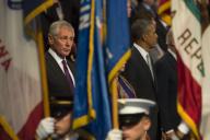 Secretary of Defense Chuck Hagel observes a pass in review during the Armed Forces Farewell Tribute to Hagel on Joint Base Myer-Henderson Hall in Arlington, Va., Jan. 28, 2015. Obama hosted the event, which included remarks by Biden and Army Gen. ...