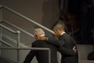 President Barack Obama embraces Secretary of Defense Chuck Hagel as they depart the Armed Forces Farewell Tribute to Hagel on Joint Base Myer-Henderson Hall in Arlington, Va., Jan. 28, 2015. Obama hosted the event, which included remarks by Biden ...