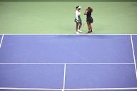 Sisters Venus Williams (l) and Serena Williams (r), of the United States, confer in their first-round doubles match against Lucie Hradecká and Linda Nosková, of the Czech Republic, during the 2022 U.S. Open tennis championships, inside Arthur Ashe stadium at at the USTA Billie Jean King National Tennis Center in Flushing Meadows Corona Park New York, September 1, 2022. (Photo by Anthony Behar/Sipa USA
