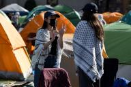 Student demonstrators occupy the pro-Palestinian "Gaza Solidarity Encampment" on the West Lawn of Columbia University, New York, NY, April 24, 2024. A midnight deadline has been set to disband the encampment, it is unclear how that will be enforced. (Photo by Anthony Behar\/Sipa USA