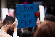 A person holds a placard that says "Freedom to be", during the 50th anniversary of Carnation Revolution parade. Thousands of people joined the celebrations of the 50th anniversary of the 25th of April in Porto. On April 25, 1974, a military revolution, known as the Carnation Revolution, ended the dictatorship of the Estado Novo, restoring democracy in Portugal. Since then this day has been celebrated as Freedom Day. (Photo by Telmo Pinto \/ SOPA Images\/Sipa USA