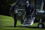 President Joe Biden steps off Marine One on the South Lawn of the White House on April 26, 2024 in Washington, DC. President Biden said that hes willing to debate former President Donald Trump, who is the presumptive Republican Presidential nominee, during an interview with Howard Stern this morning. (Photo by Samuel Corum\/Sipa USA