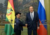Russian Foreign Minister Sergei Lavrov (right) and Foreign Minister of the Plurinational State of Bolivia Celinda Sosa Lunda (left) during negotiations at the Reception House of the Russian Foreign Ministry. 26.04.2024 Russia, Moscow Photo credit: Gleb Schelkunov\/Kommersant\/Sipa