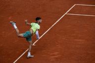 Carlos Alcaraz in a play during this afternoon\'s tennis match at the Caja Magica in Madrid. Carlos Alcaraz defeated Kazakh Alexander Shevchenko in two sets (2-6 and 1-6) at the Madrid Open tennis tournament. (Photo by David Canales \/ SOPA Images\/Sipa USA