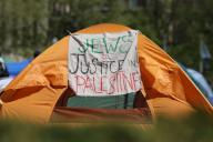Pro-Palestinian supporters protest near tents outside Columbia University near the Pro-Palestine tent encampment at Columbia University on April 26, 2024 in New York, New York, USA. (Photo by Robyn Stevens Brody/Sipa USA