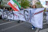 Demonstrators gathered in Berlin on April 27, 2024, to protest against the recent death sentence of Iranian rapper Toomaj Salehi, an outspoken critic of Iran